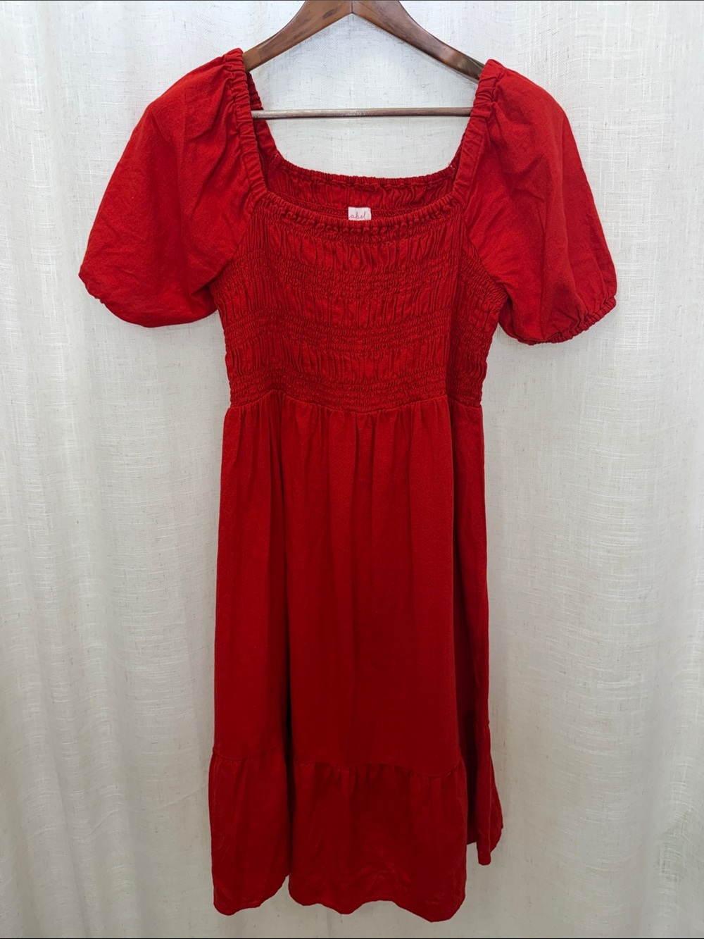 Isabel Maternity Ingrid & Isabel Red Smocked Top Puffed Sleeve Dress Size Large